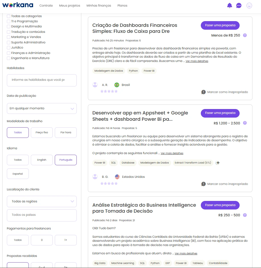Exemplos de projetos no Workana (Maio/26)